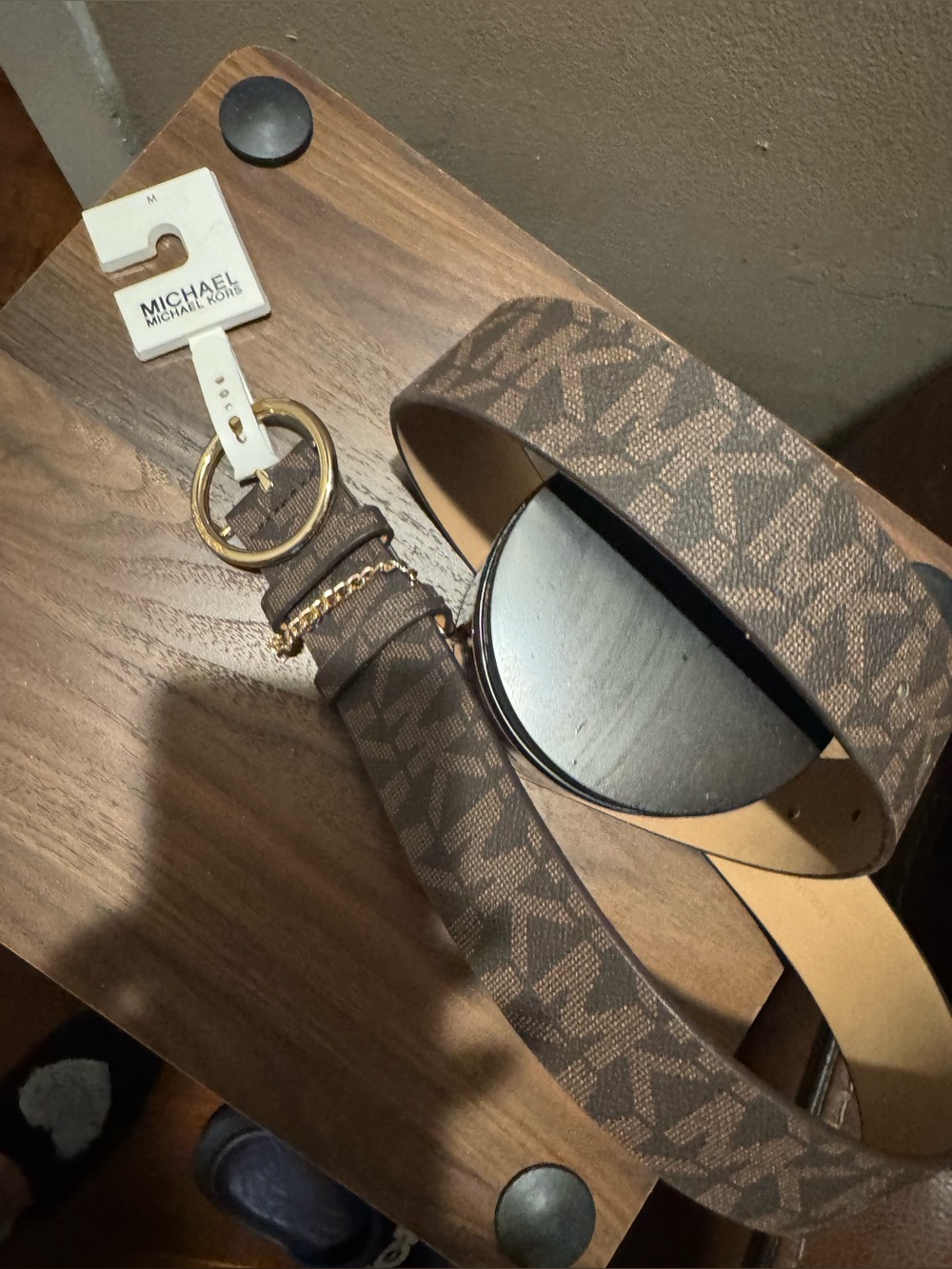 Michael Kors Brown MK Monogram Reversible Belt with Gold Hardware